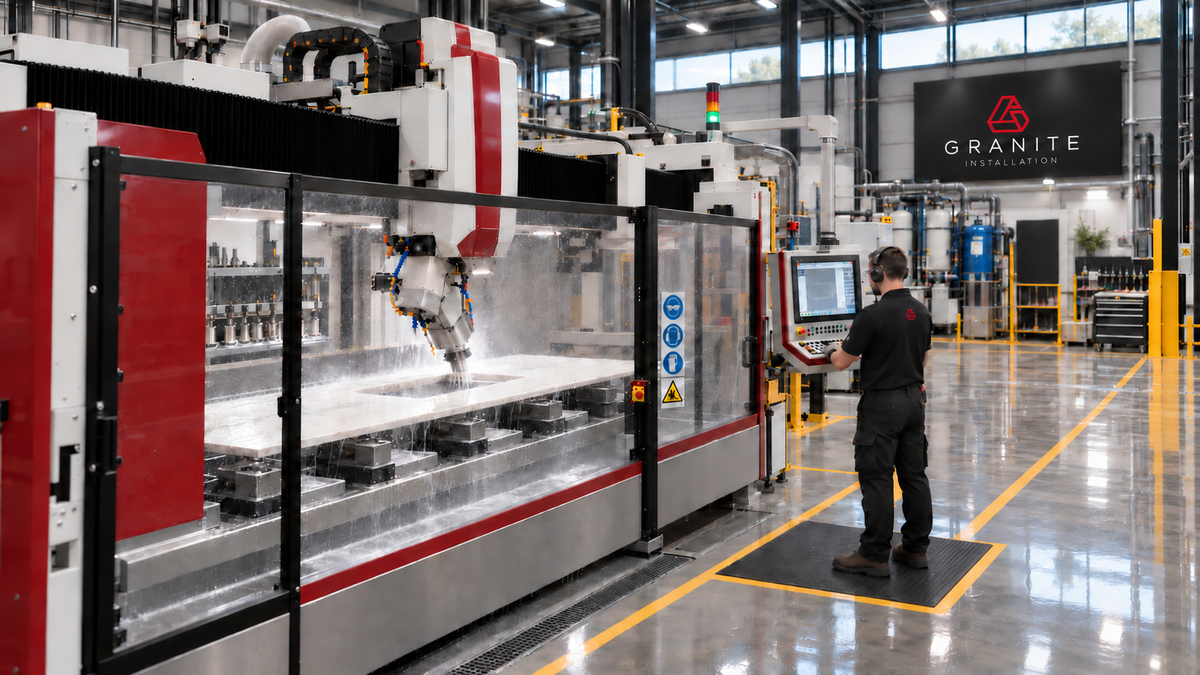 CNC machine cutting a porcelain worktop in the Granite Installation factory